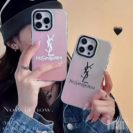 新作 YSL iPhone16 ケース ピンクグラデーション 可愛い アクリル マット 少女風 レーザー刻印 耐衝撃 レディース