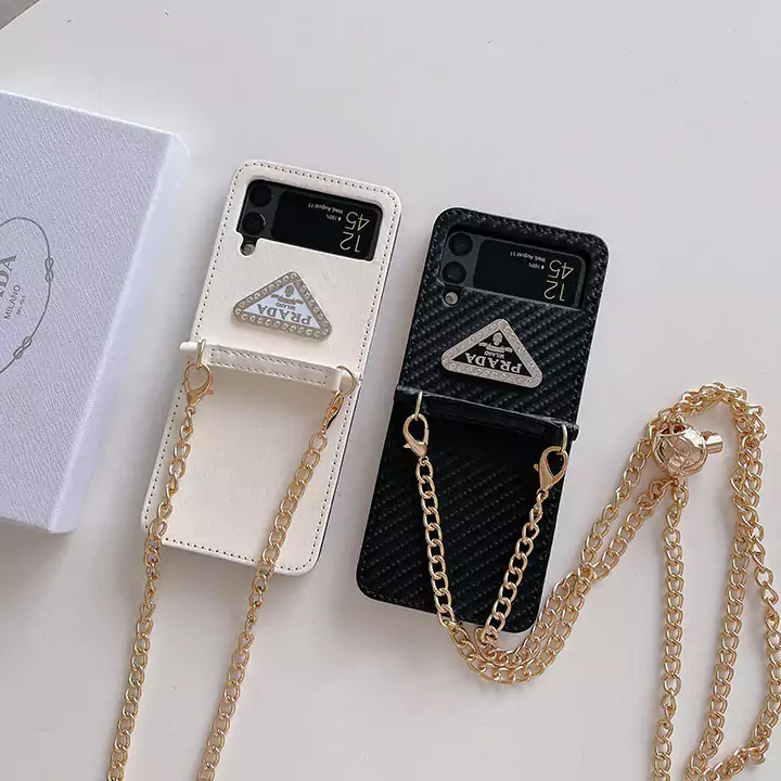 レザー プラダ   ギャラクシー ZFlip4ケース メタルロゴ Prada Galaxy ZFlip3ケース プラダ 斜めがけGalaxy ZFlip1/2ケースチェーン Galaxyスマホケース ブランドSC23042624